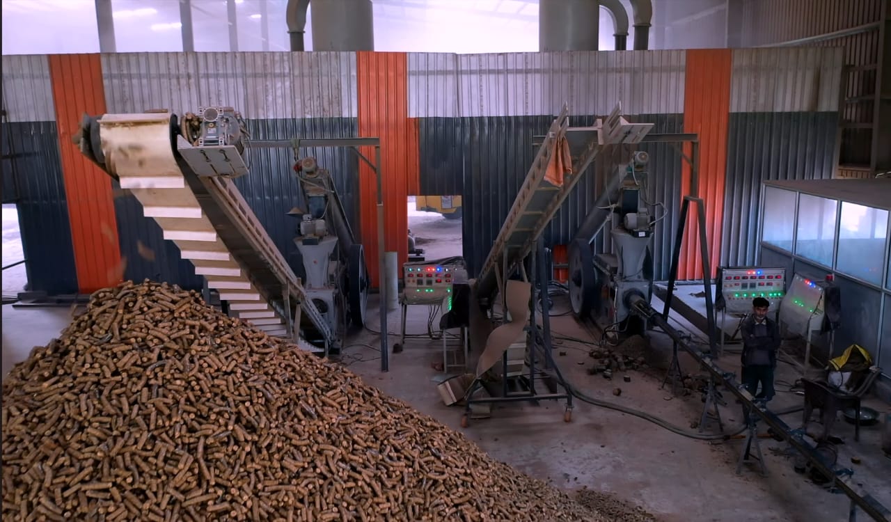 Two machines of quality bio working continuously for the manufacturing for biomass pallets in india. 